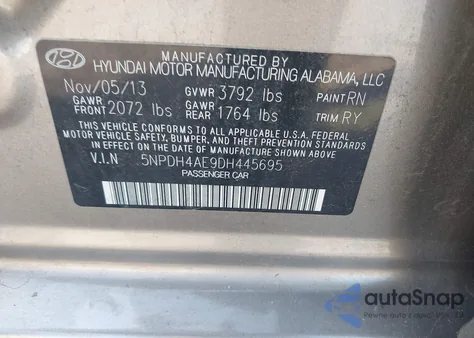 2013 Hyundai Elantra Limited z USA, uszkodzony, nr VIN 5NPDH4AE9DH445695